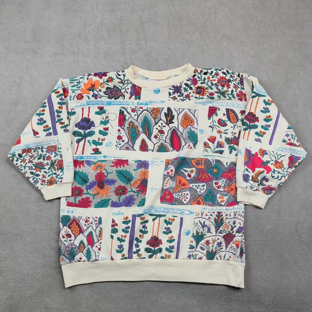 Bacio Vintage 90s Botanical Collage Print Sweatshirt Large Cream